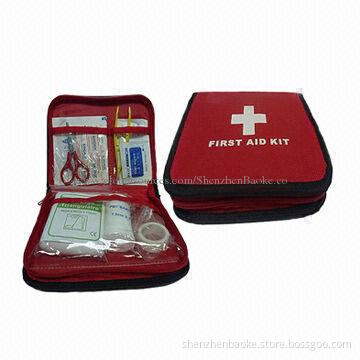 New Auto Medical First Aid Kit, Red Bag and Black Border, Various Colors Available